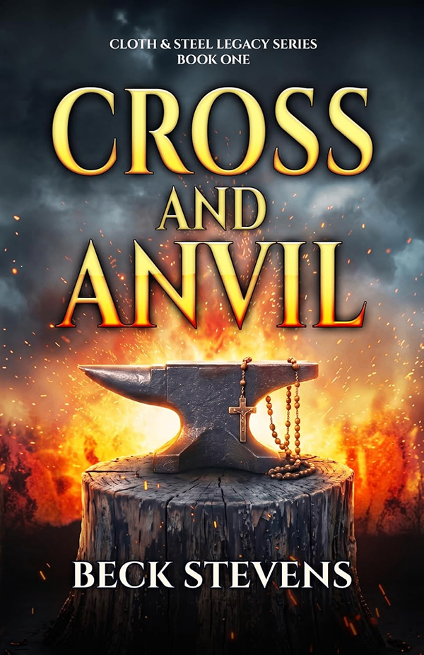 Cross and Anvil book cover — anvil, rosary, and forge fire